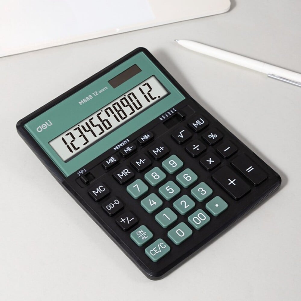 Изображение товара Калькулятор DELI 12-разрядный, функция двойной памяти, два источника питания (солнечная батарея и батарейка LR54), мятный/черный EM888A-BK-GN
