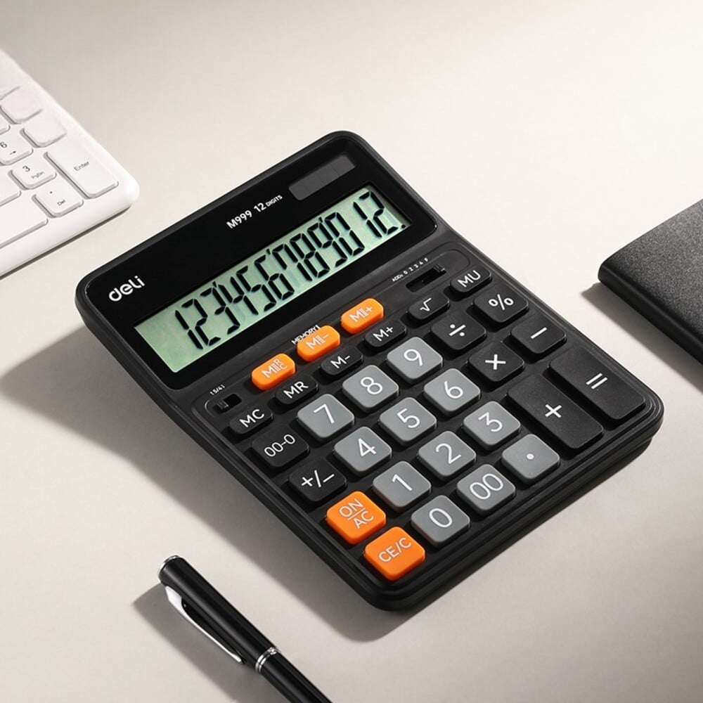 Изображение товара Калькулятор DELI, 12-разрядный, двойная память, два источника питания (солнечная батарея и батарейки LR54), черный  EM999