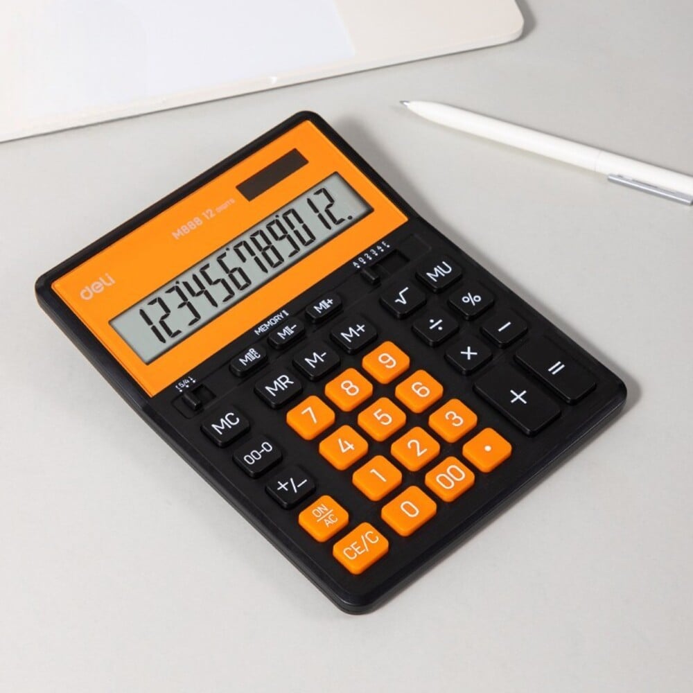 Изображение товара Калькулятор DELI 12-разрядный, функция двойной памяти, два источника питания (солнечная батарея и батарейка LR54), оранжевый/черный EM888A-OR-BK