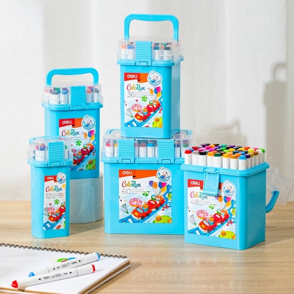 Изображение товара Маркеры для скетчинга DELI, на водной основе, двусторонний наконечник: пулевидный 1 мм, скошенный 5 мм, тонкий трехгранный корпус, пластиковый бокс, 36 шт  EC187-36