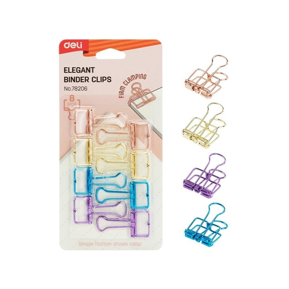 Изображение товара Набор зажимов для бумаг Deli , 8 штук, цветные, 4 цвета корпуса, 19мм, блистер E78206