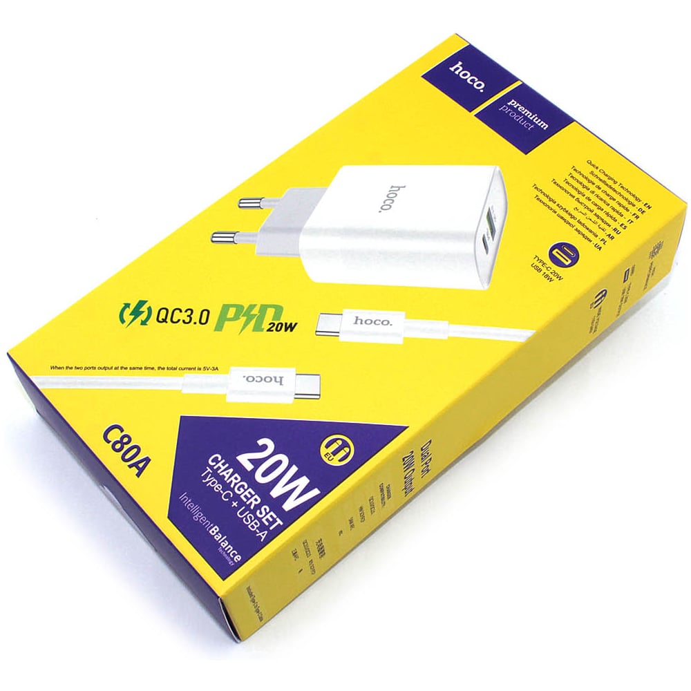 Изображение товара Сетевое зарядное устройство Hoco C80A Rapido 20Вт PD+QC3.0 два порта