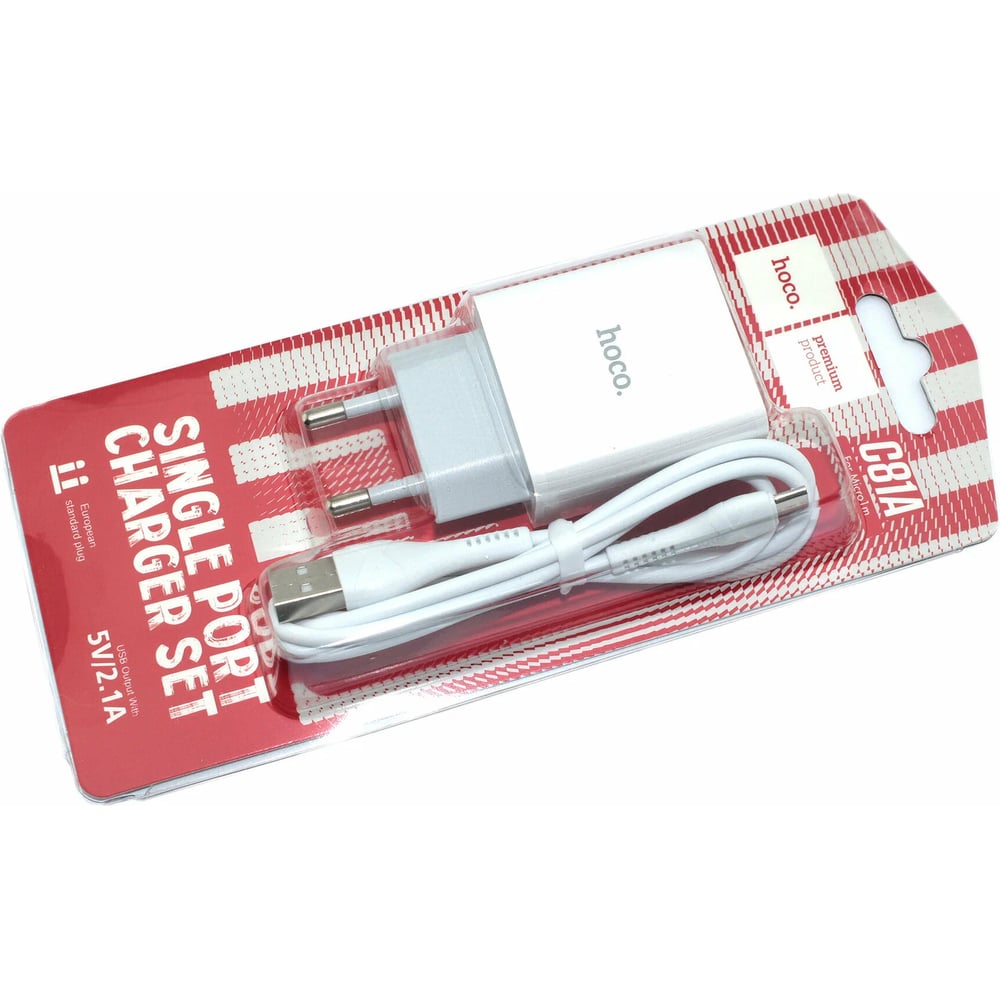 Изображение товара Блок питания (сетевой адаптер) Hoco C81A Asombroso single 1xUSB с кабелем USB-Lightning, 2.1A, 10W, белый 109701