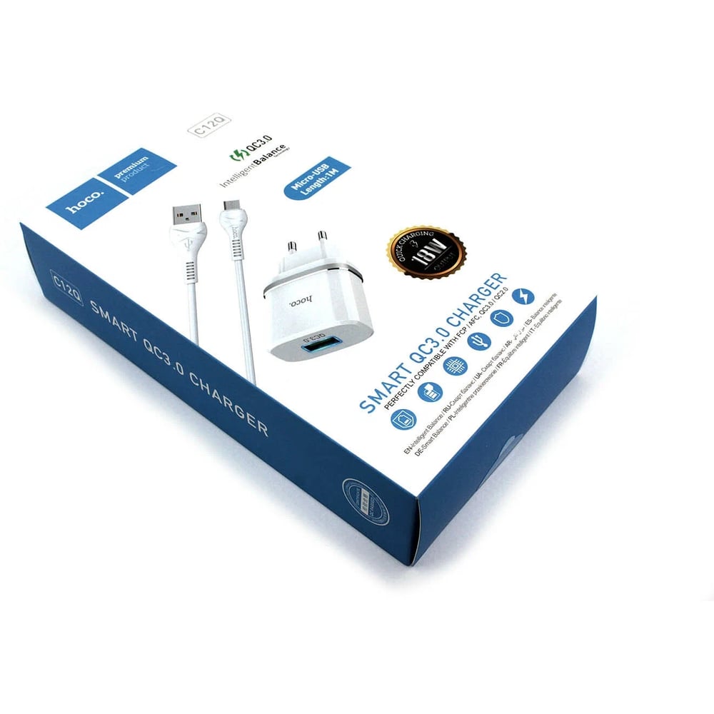 Изображение товара Hoco C12Q - сетевое зарядное устройство QC3. 0 18 Вт, 1x USB, кабель Micro USB 1м, белый