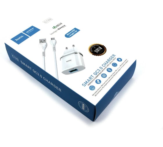 Изображение товара Блок питания (сетевой адаптер) Hoco С12Q Smart QC3.0, кабель Micro USB, USB, 5V, 3.0A, белый 092142