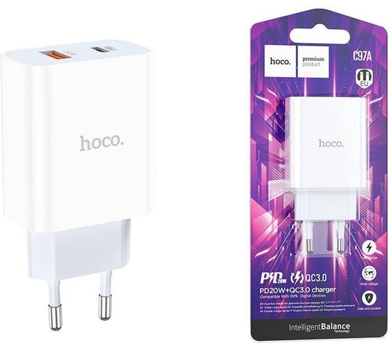 Изображение товара Блок питания (сетевой адаптер) Hoco C97A PD20W+QC3.0 charger, белый 114428
