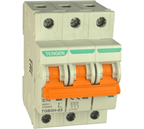 Изображение товара Автоматический выключатель миниатюрный TENGEN TGB3H-63-3PC10 модульный выключатель 3P 10A C 10kA 3х модуль УТ-00027081