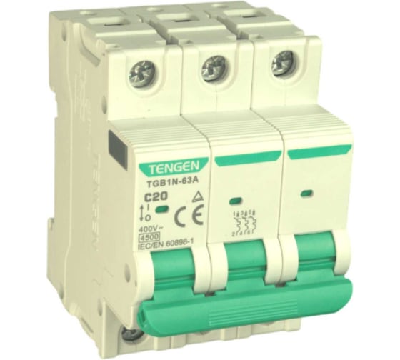 Изображение товара Автоматический выключатель миниатюрный TENGEN TGB1N-63A-3PC20 модульный выключатель 3P 20A C 4,5kA 3х модуль УТ-00026915