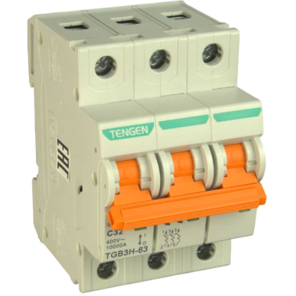 Изображение товара Автоматический выключатель миниатюрный TENGEN TGB3H-63-3PC32 модульный выключатель 3P 32A C 10kA 3х модуль УТ-00027079
