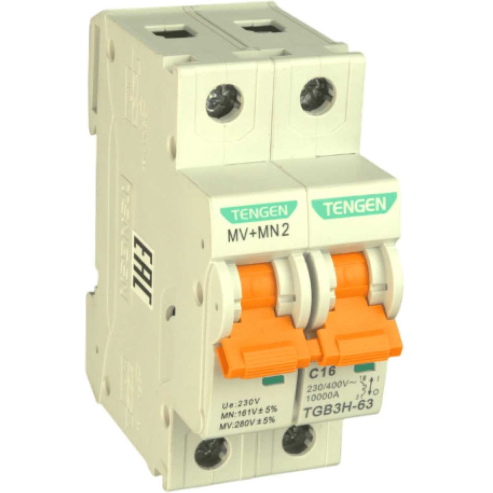 Изображение товара Автоматический выключатель миниатюрный TENGEN TGB3H-63-1PC16+MV+MN модульный выключатель 1P 16A C 10kA с расцепителем минимальног и максимального напряжения 2х модуль УТ-00027088
