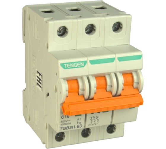 Изображение товара Автоматический выключатель миниатюрный TENGEN TGB3H-63-3PC16 модульный выключатель 3P 16A C 10kA 3х модуль УТ-00027078