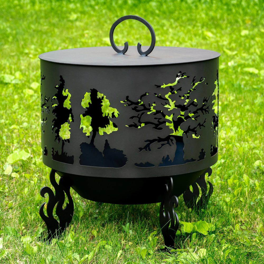 Изображение товара Комплект Fire-House Костровая чаша Деревья, диаметр 60 см коническое дно с крышкой пламегасителем Ch7-600деревья