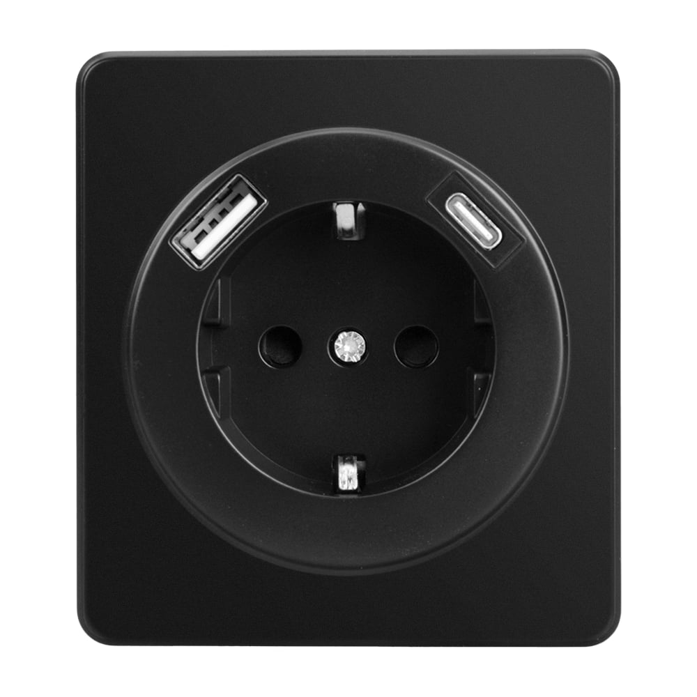 Изображение товара Механизм розетки KRANZ ROUND 1-м с/з, с защитными шторками 16А USB A+C 5В/3А оникс KR-78-0704-3