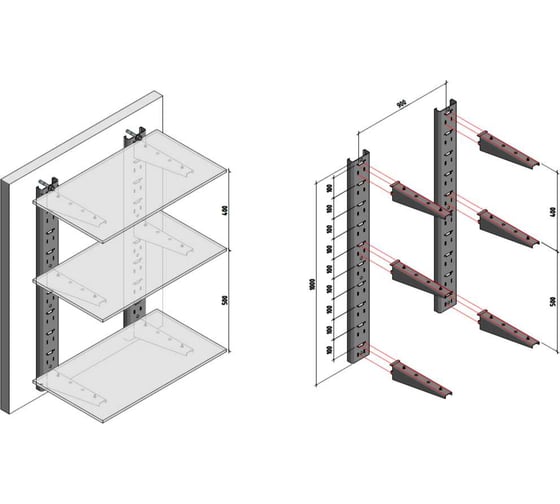 Изображение товара Комплект-3 PREFAB (Стойка крепления кронштейна 1000 мм - 2 шт. Кронштейн 500 мм - 6 шт.) CN-3-PRF
