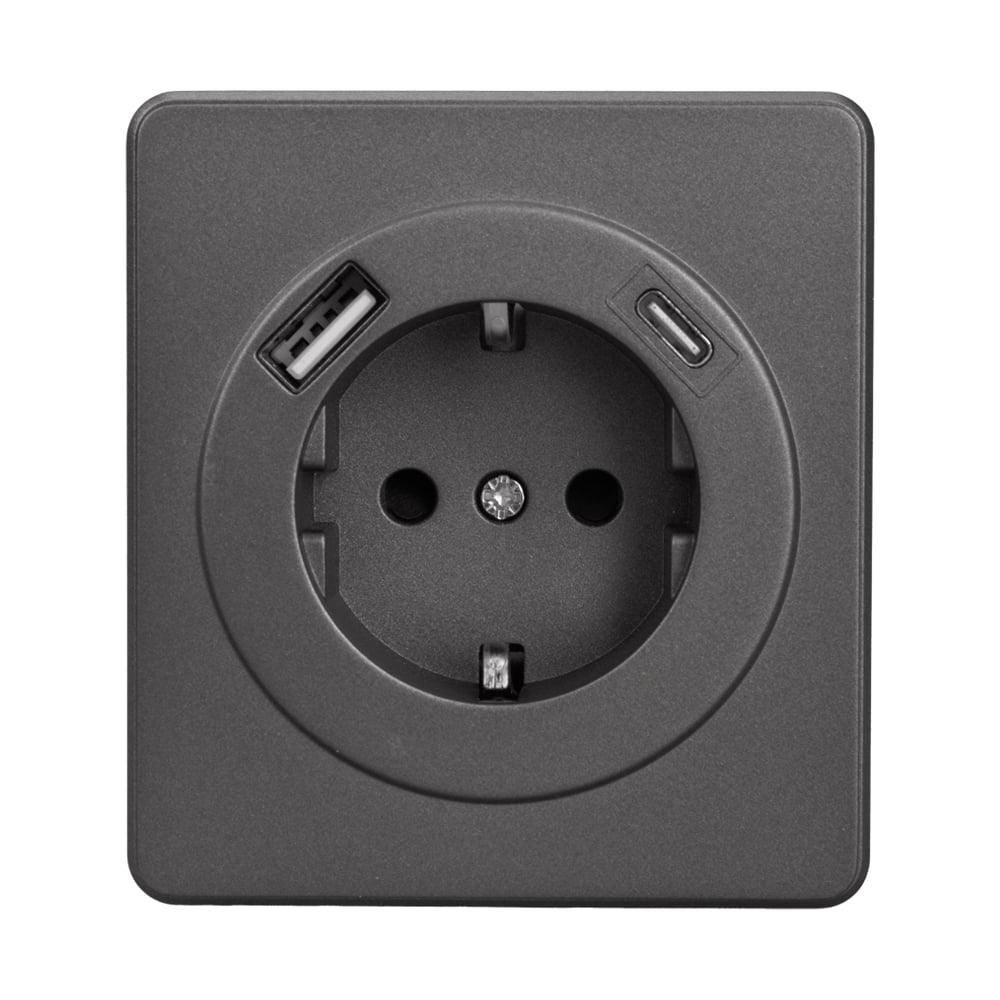 Изображение товара Механизм розетки KRANZ ROUND 1-м с/з, с защитными шторками 16А USB A+C 5В/3А титан KR-78-0704-2