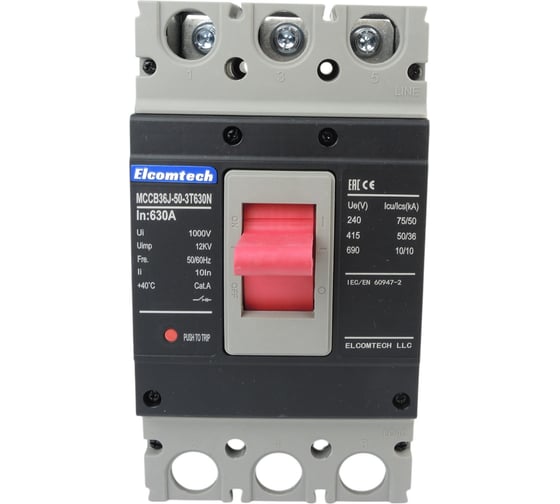 Изображение товара Автоматический выключатель в литом корпусе ELCOMTECH MCCB36J-50-3T630N, 3P 630A 50kA, с термомагнитным расцепителем УТ-00033937