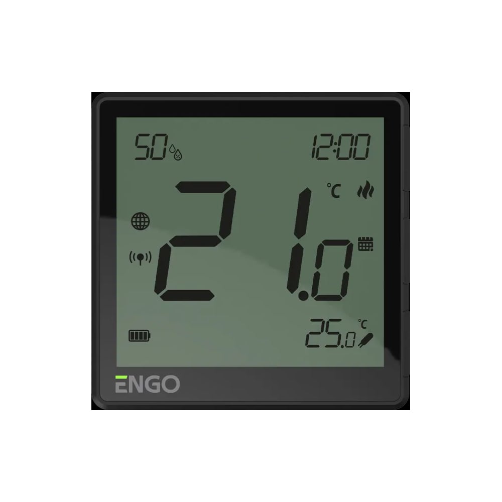 Изображение товара Терморегулятор беспроводной ENGO controls черный, с модулем Zigbee, с аккумулятором, со встроенным датчиком влажности, с возможностью подключения датчика пола EONEBATB