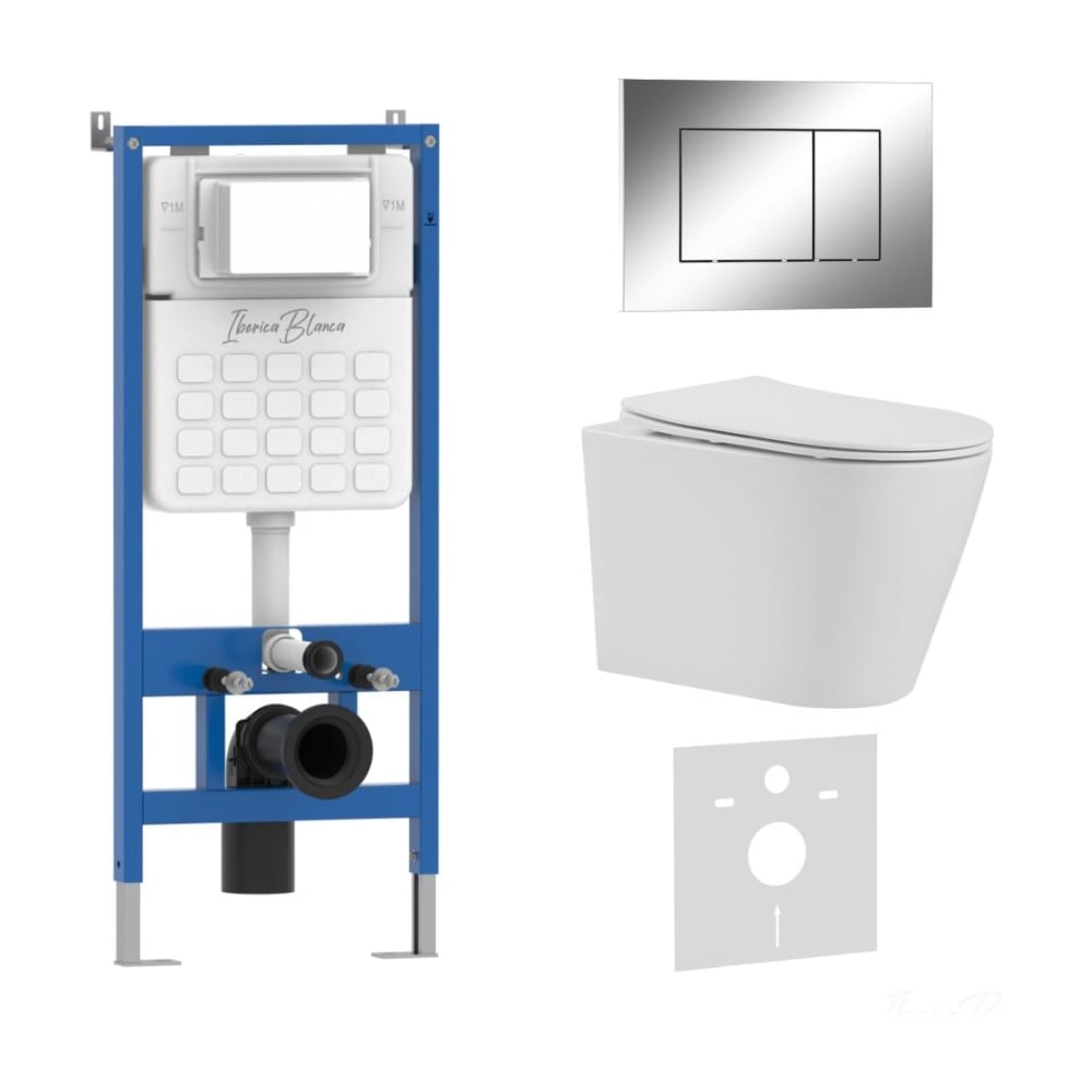 Изображение товара Унитаз безободковый BURGOS ALTO IBERICA BLANCA с инсталляцией и клавишей хром