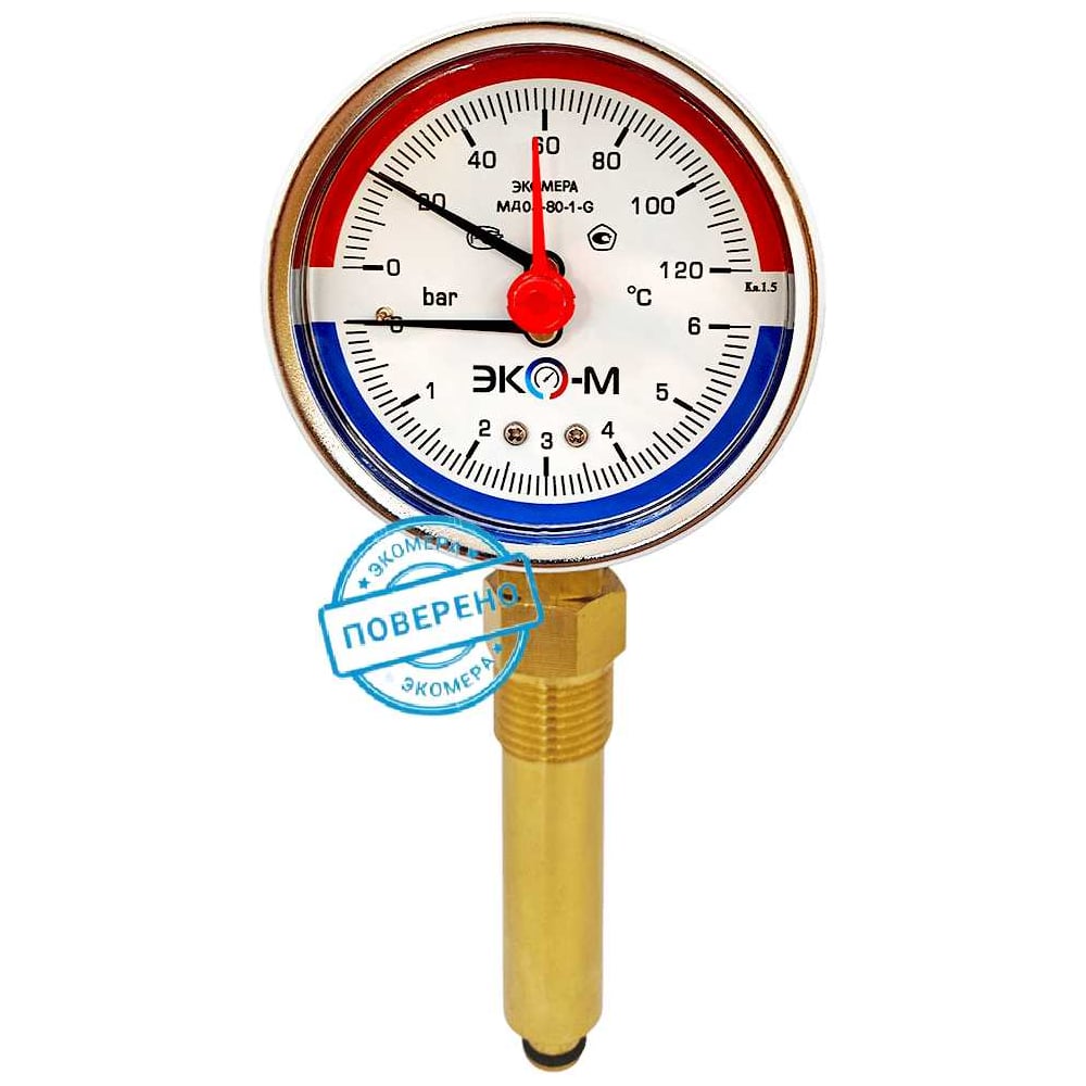 Термоманометр ЭКО-М Экомера МД04-80мм 0..6бар 0..120С G1\4 L=60mm с переходником на G1\2 (ТН ВЭД 9026204000) МД04-80-G-6-120-L-60-РИ