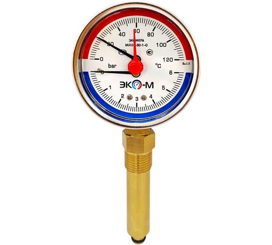 Изображение товара Термоманометр ЭКО-М Экомера МД04-80мм 0..6бар 0..120С G1\4 L=60mm с переходником на G1\2 (ТН ВЭД 9026204000) МД04-80-G-6-120-L-60-РИ