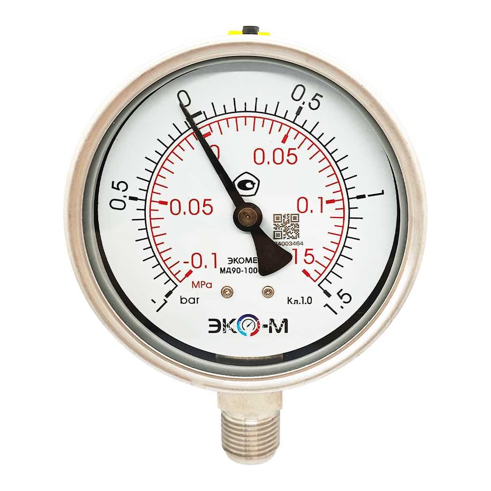 Изображение товара Манометр (Вакуумметр) ЭКО-М Экомера МД90-100мм -1...1.5 бар G1/2 (для гидрозаполнения) (ТН ВЭД 9026204000) МД90-100мм-G-(-1…1,5)бар