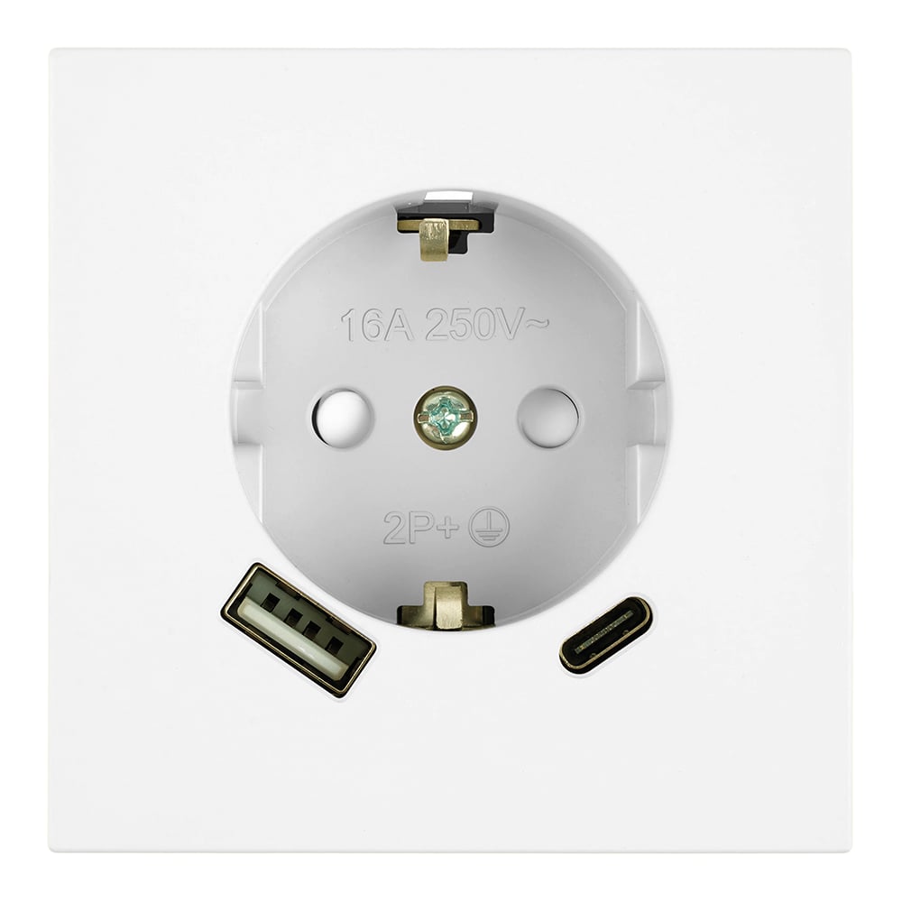 Изображение товара Механизм розетки 1-местной STEKKER защитные шторки, с заземлением 16А + USB + Type C, 250В, 20W, серия Мия, RST16-3119-01, белая магнолия, 50438