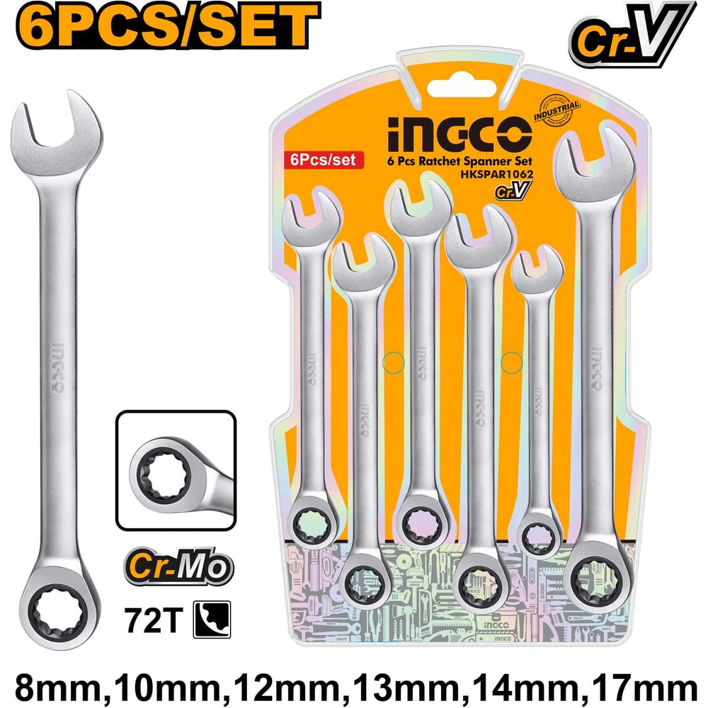 Изображение товара Набор комбинированных ключей с трещоткой INGCO 6 шт. 8-17 мм INDUSTRIAL HKSPAR1062