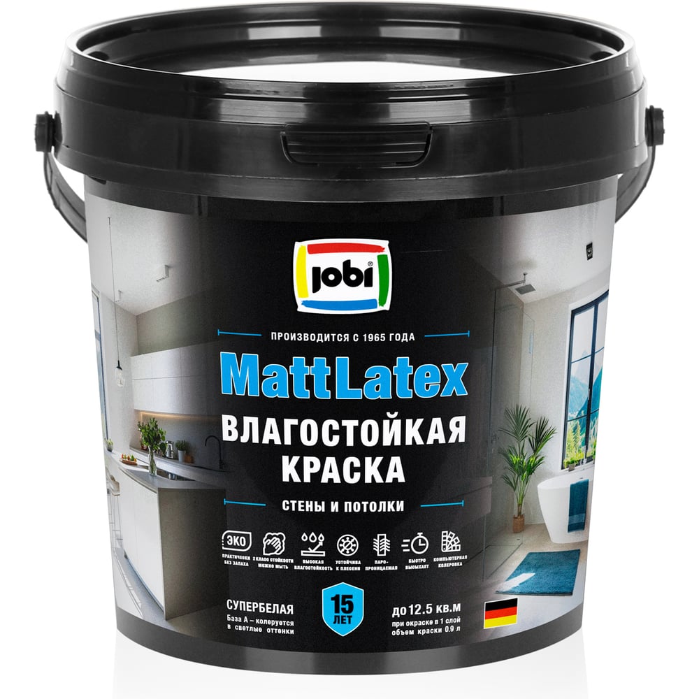 Изображение товара Краска влагостойкая JOBI для стен и потолков MATTLATEX 0,9 л 36386