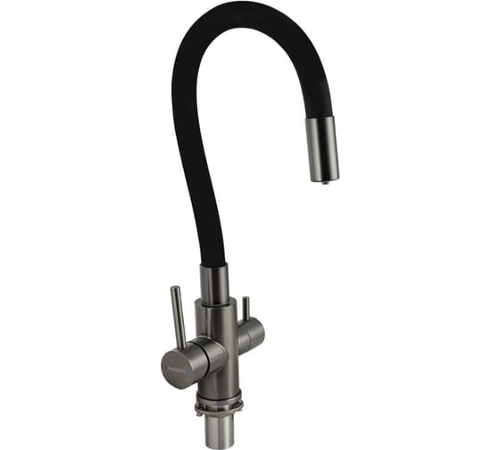 Изображение товара Смеситель для кухни САНАКС серия МАГНУС, гибкий черный излив, шаровый, с двойным выпуском воды для фильтра, корпус из нержавеющей стали марки SUS 304, цвет графит 91130