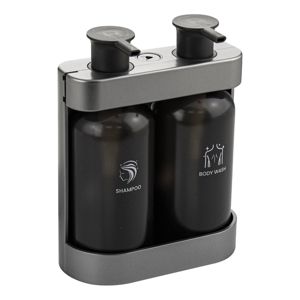 Изображение товара Дозатор для жидкого мыла GFmark антивандальный, двойной ( 2 х 380 мл ), из высокопрочного АБС пластика, цвет корпуса СЕРЕБРО. 6231