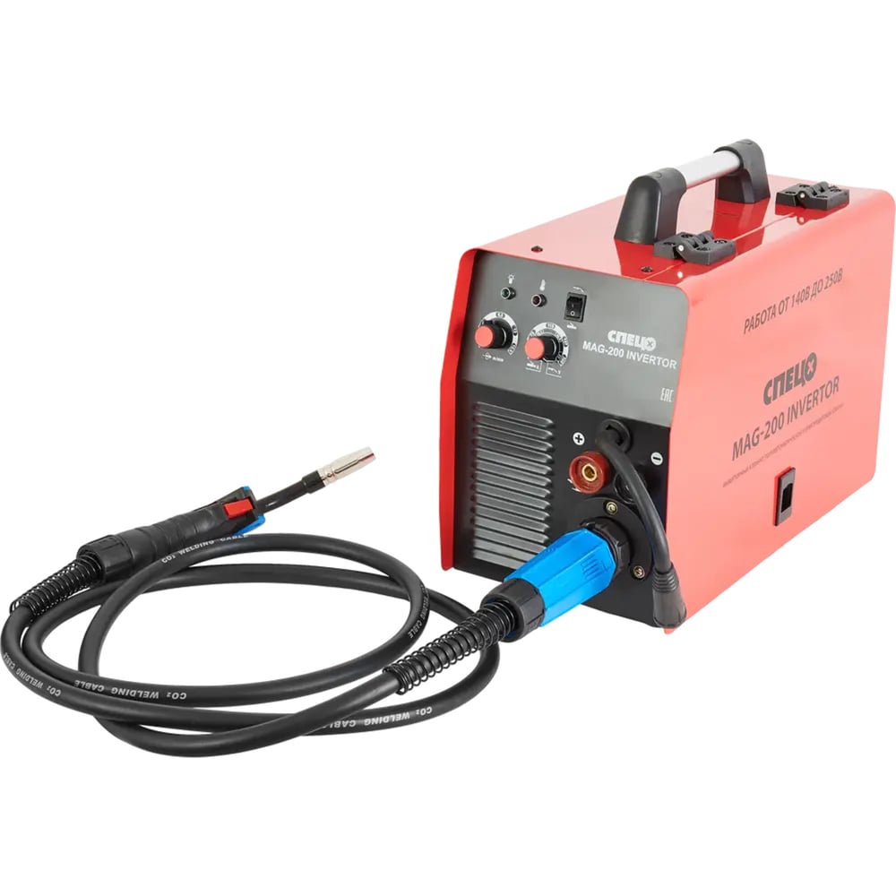 Полуавтомат сварочный Спец MAG-200 Invertor, ММА, MAG, FLUX, 1фх230В, св.ток-30-200А., пров.0,8-1мм., электрод-1,6-4мм.,горелка, эл.держатель, клемма земля, щиток сварщика, щетка-молоток,нетто/брутто=12,5/13,4кг. СПЕЦ-3470