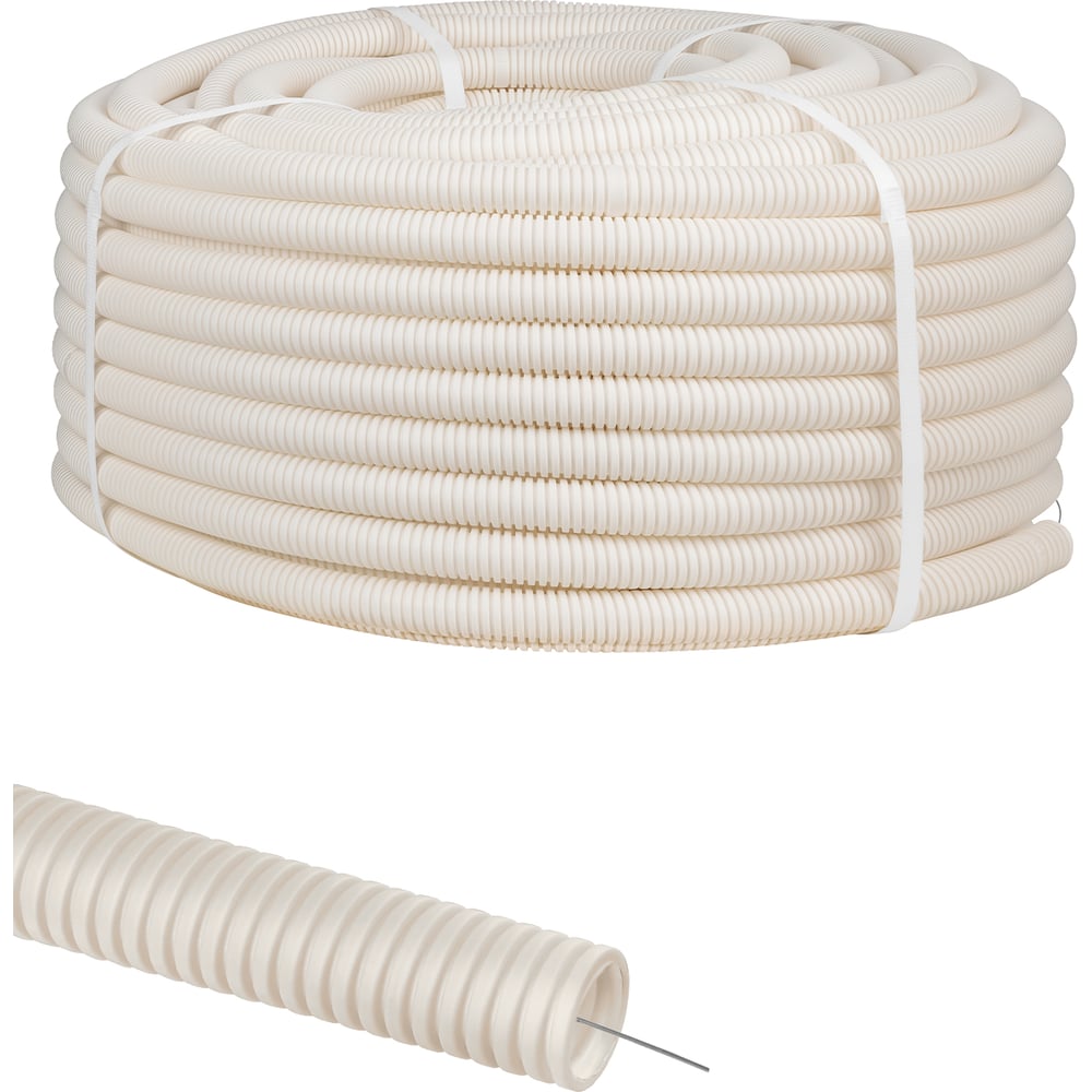 Изображение товара Гофра для кабеля TDM ELECTRIC 25мм ПЛЛ с зондом 75 метров безгалогенная, негорючая (FRHF) легкая белая SQ0413-1035