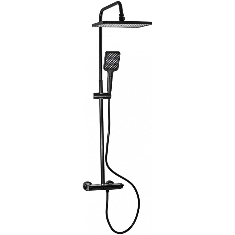 Изображение товара Смеситель + стойка душевая BRIMIX тропический душ с двумя квадратными лейками, из алюминия, с клавишами управления, черный 81755