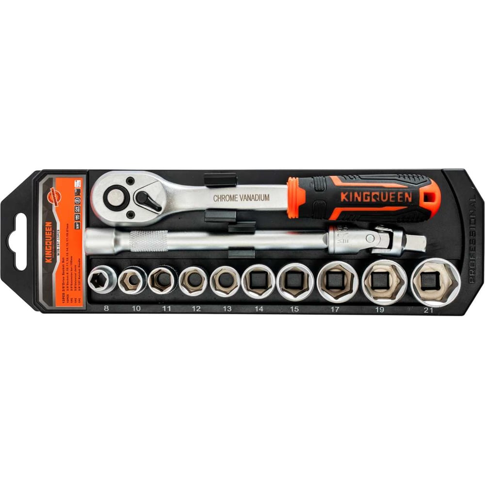 Изображение товара Трещотка KINGQUEEN WIB-197 3/8 с набором 13 головок 8-21 мм, 72 зуба