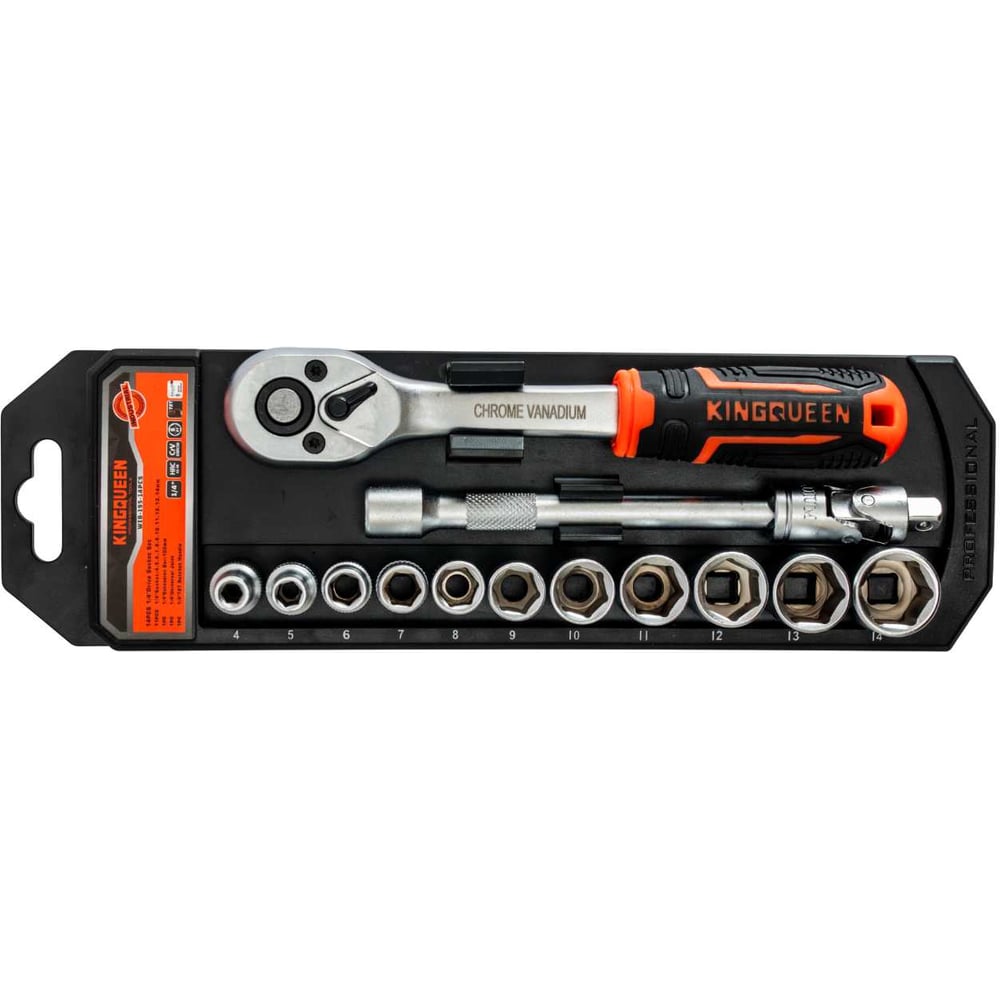 Изображение товара Трещотка 1/4 с набором головок KINGQUEEN 14 пред, 72 зуба, WIB-195
