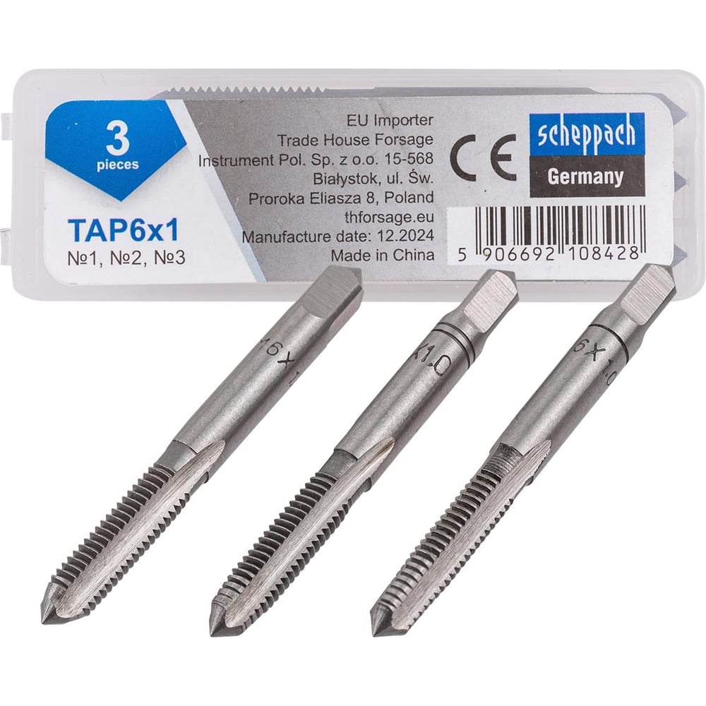 Изображение товара Метчик Scheppach M6x1 - набор 3 шт, резьба М6, правый ход, HSS