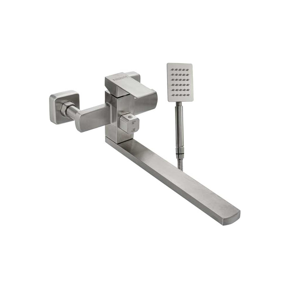 Изображение товара Смеситель для ванны САНАКС МАГНУС длинный излив, с дивертором на корпусе, квадратный корпус, из нержавеющей стали марки 304, сатин 9227