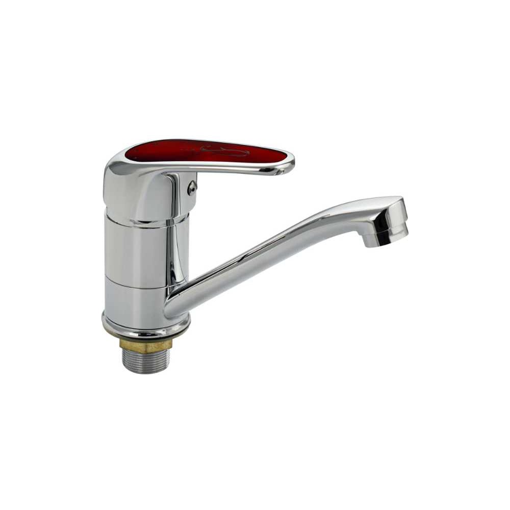 Изображение товара Смеситель для кухни и раковины САНАКС МайФайр поворотный излив 15 см, ручка с вставкой красного цвета, хром 87116