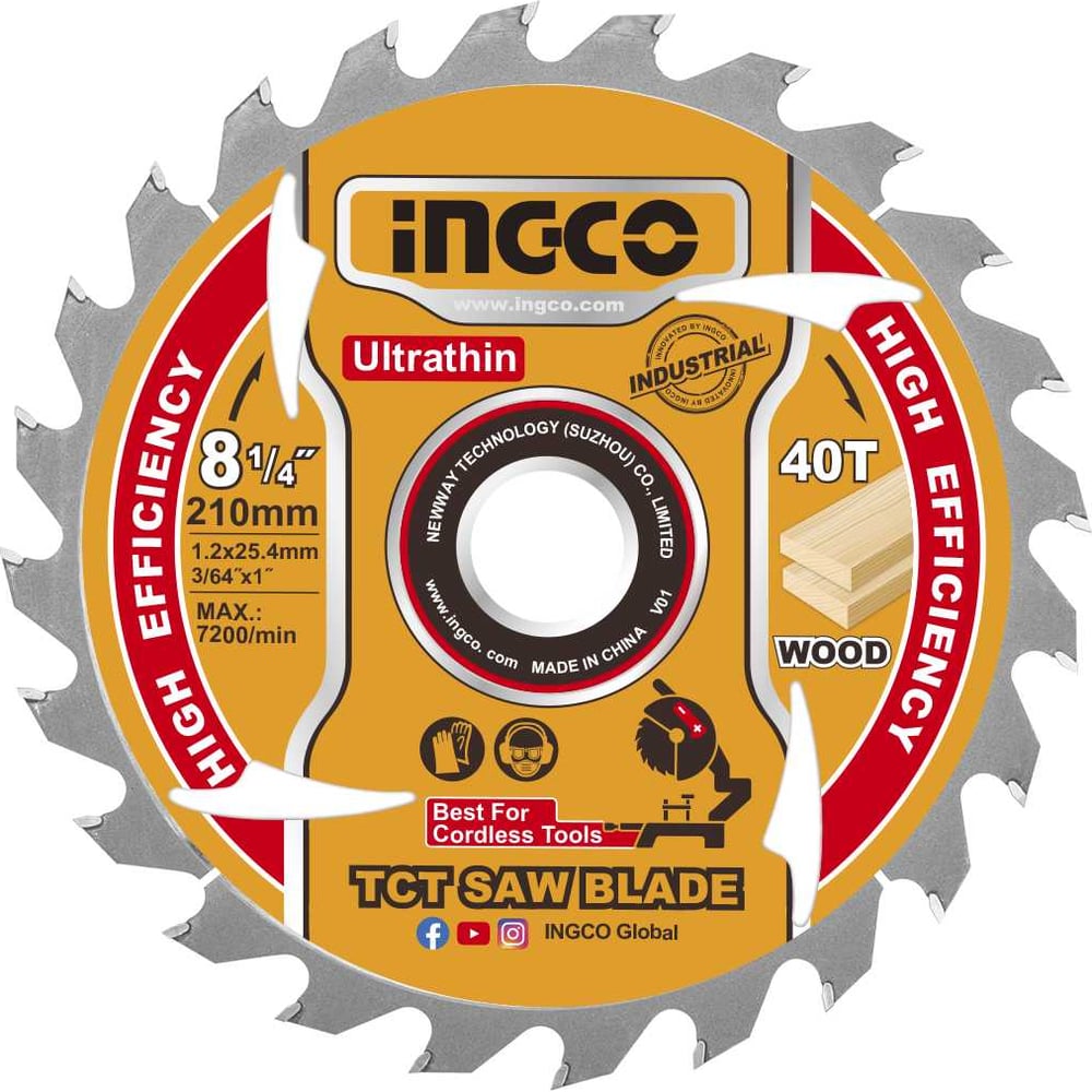Изображение товара Диск по дереву INGCO TCT 210 мм INDUSTRIAL TSB2103 40 зубьев