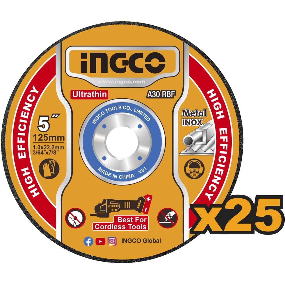 Изображение товара Набор отрезных дисков по металлу INGCO 125х1.0х22.2 мм, 25 шт INDUSTRIAL MCD1012525
