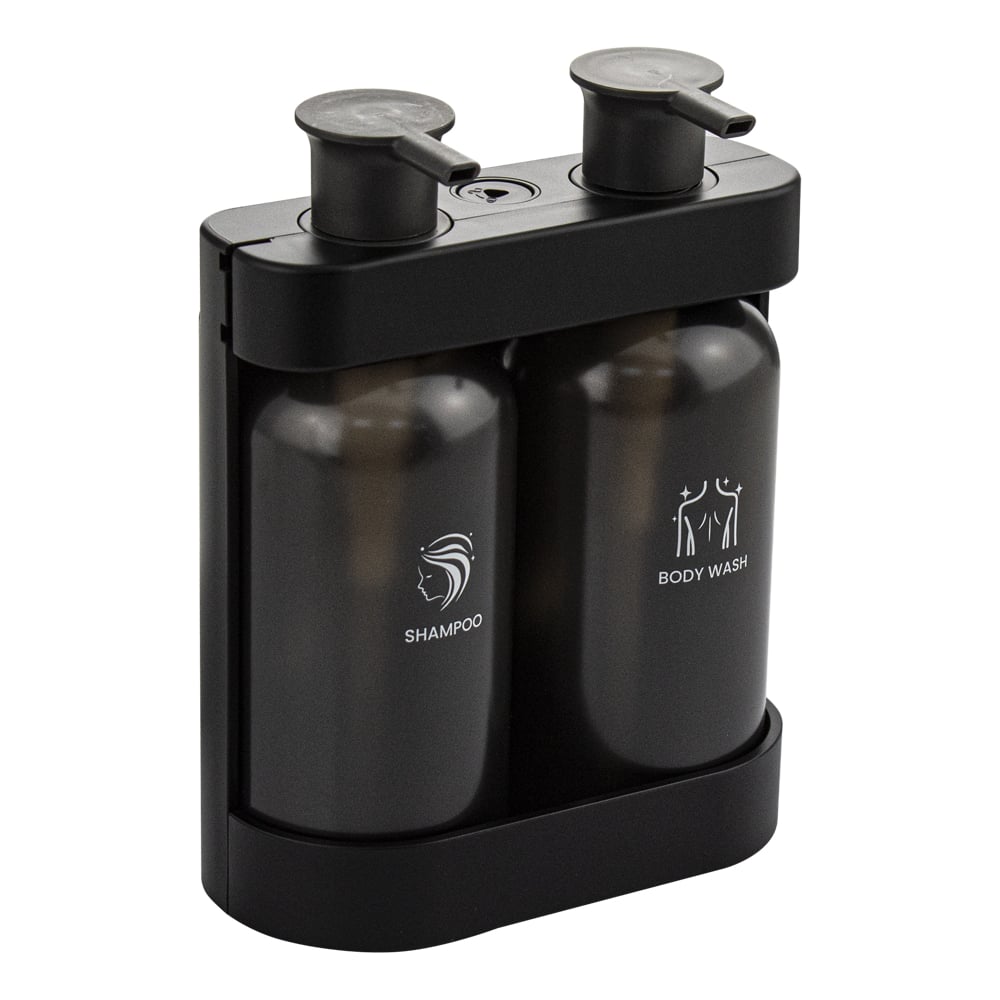 Изображение товара Дозатор для жидкого мыла GFmark антивандальный, двойной ( 2 х 380 мл ), из высокопрочного АБС пластика, цвет корпуса ЧЕРНЫЙ. 6232