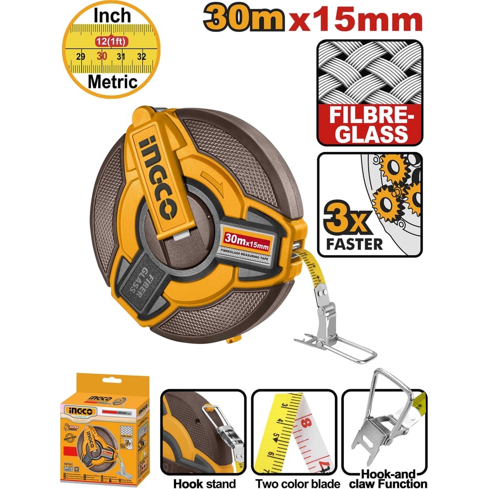 Изображение товара Рулетка геодезическая INGCO фиберглас 30х15 мм (6/24) INDUSTRIAL HFMT1830