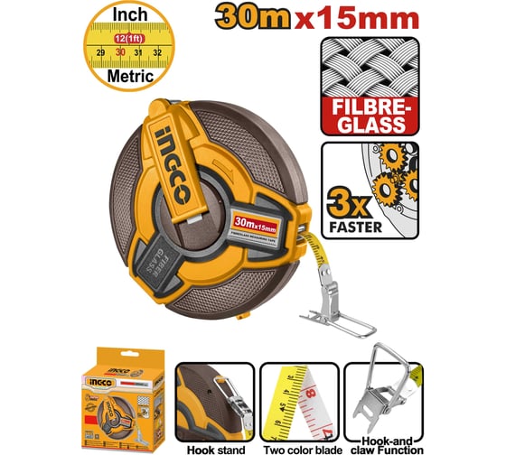 Изображение товара Рулетка геодезическая INGCO фиберглас 30х15 мм (6/24) INDUSTRIAL HFMT1830