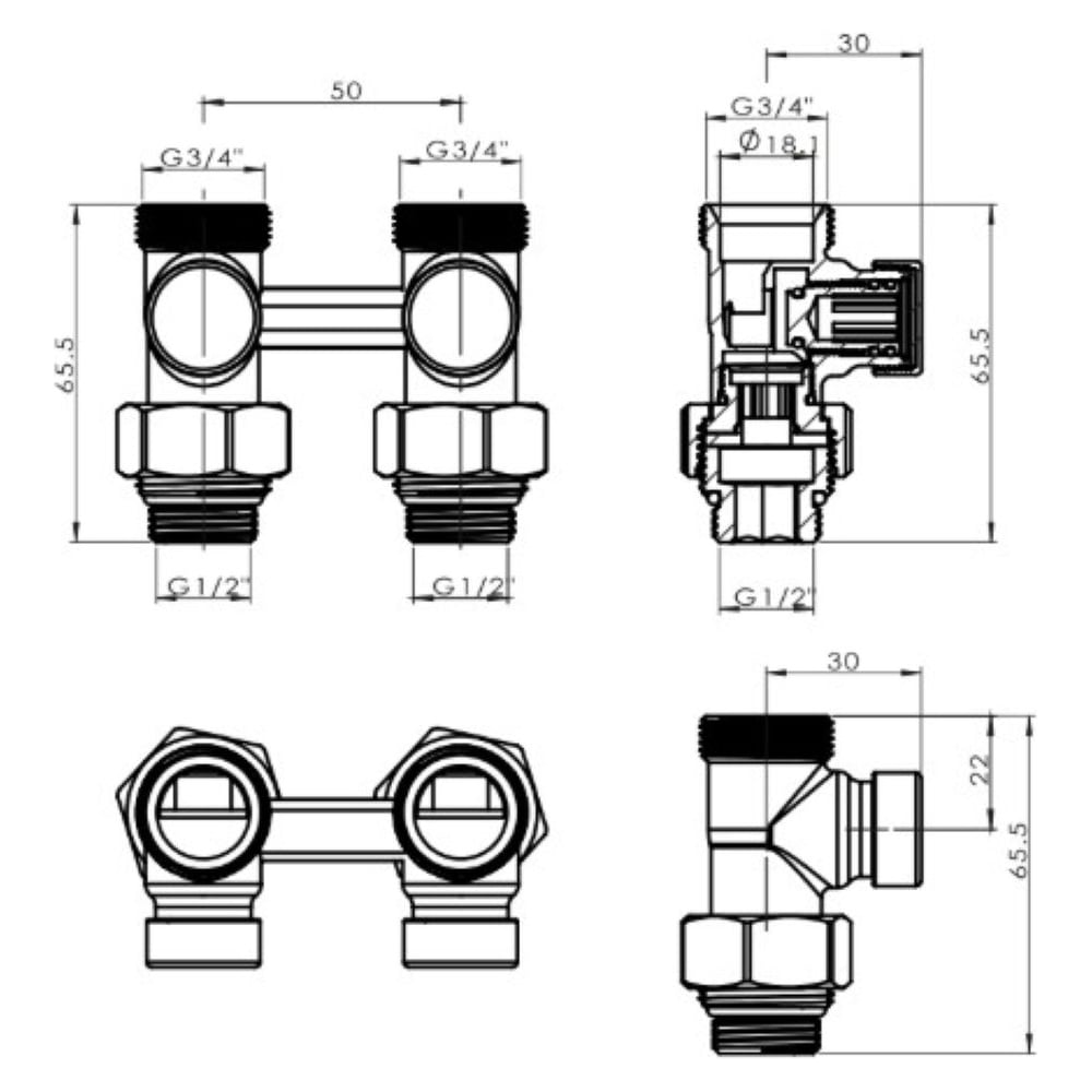 Изображение товара Узел подключения VIVALDO SHRV-AT Антрацит Прямой 1/2-3/4