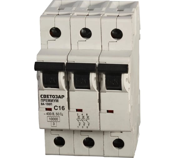 Изображение товара Автоматический выключатель СВЕТОЗАР "ПРЕМИУМ" 3-полюсный, 6 A, "C", отключающая способность 10 кА, 400 В SV-49033-06-C