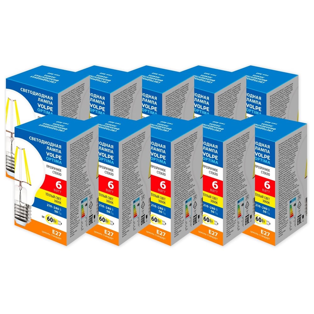 Изображение товара Светодиодная лампа Volpe LED-A60-6W/3000K/E27/CL/SLF набор из 10штук UL-00013840