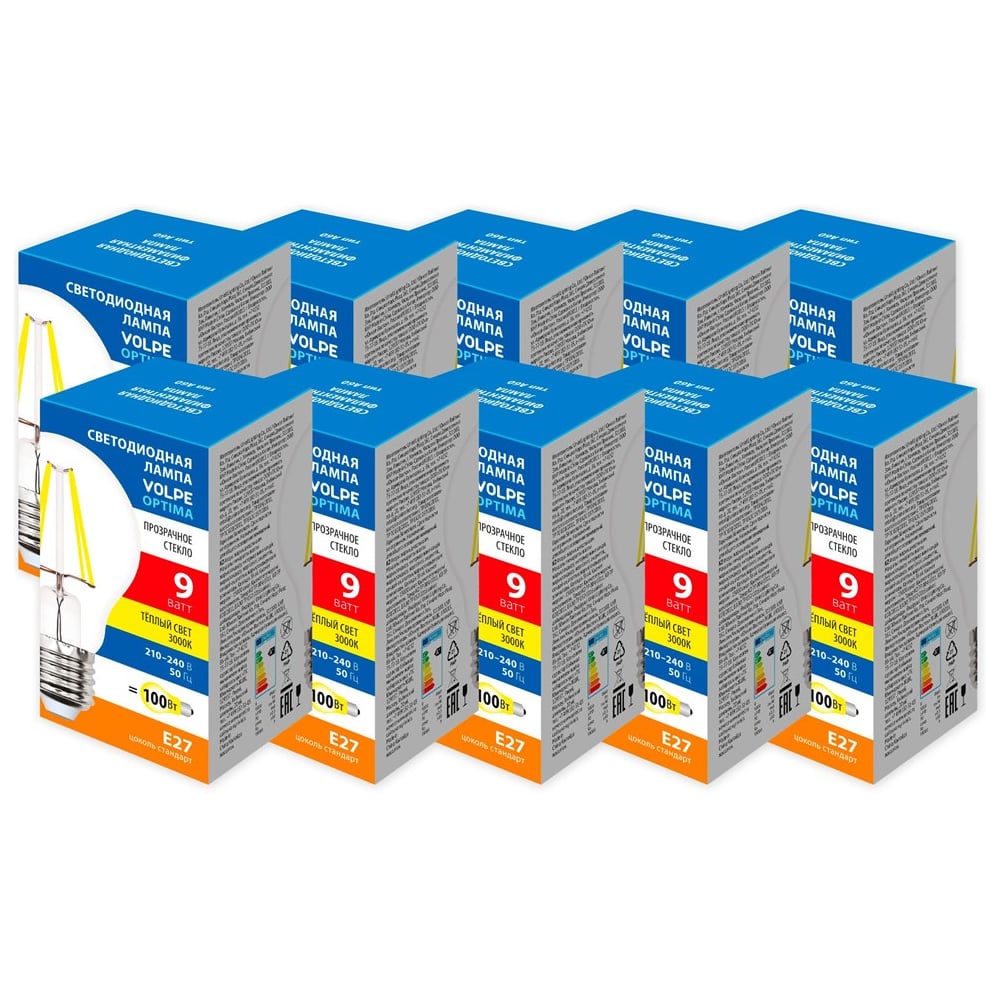 Изображение товара Светодиодная лампа Volpe A60 9W теплый белый E27 набор 10 штук