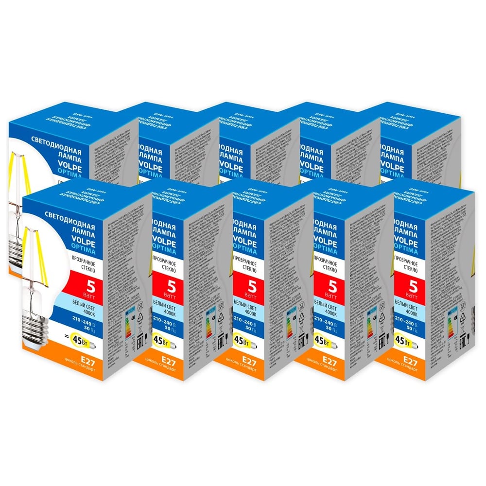 Изображение товара Светодиодная лампа Volpe LED-A60-5W/4000K/E27/CL/SLF набор из 10штук UL-00013839