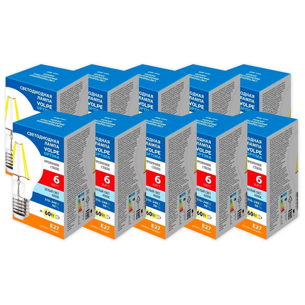 Изображение товара Светодиодная лампа Volpe LED-A60-6W/4000K/E27/CL/SLF набор из 10штук UL-00013842
