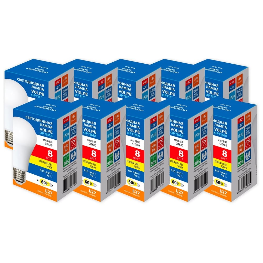Изображение товара Светодиодная лампа Volpe LED-A60-8W/3000K/E27/FR/SLS набор из 10штук UL-00013834